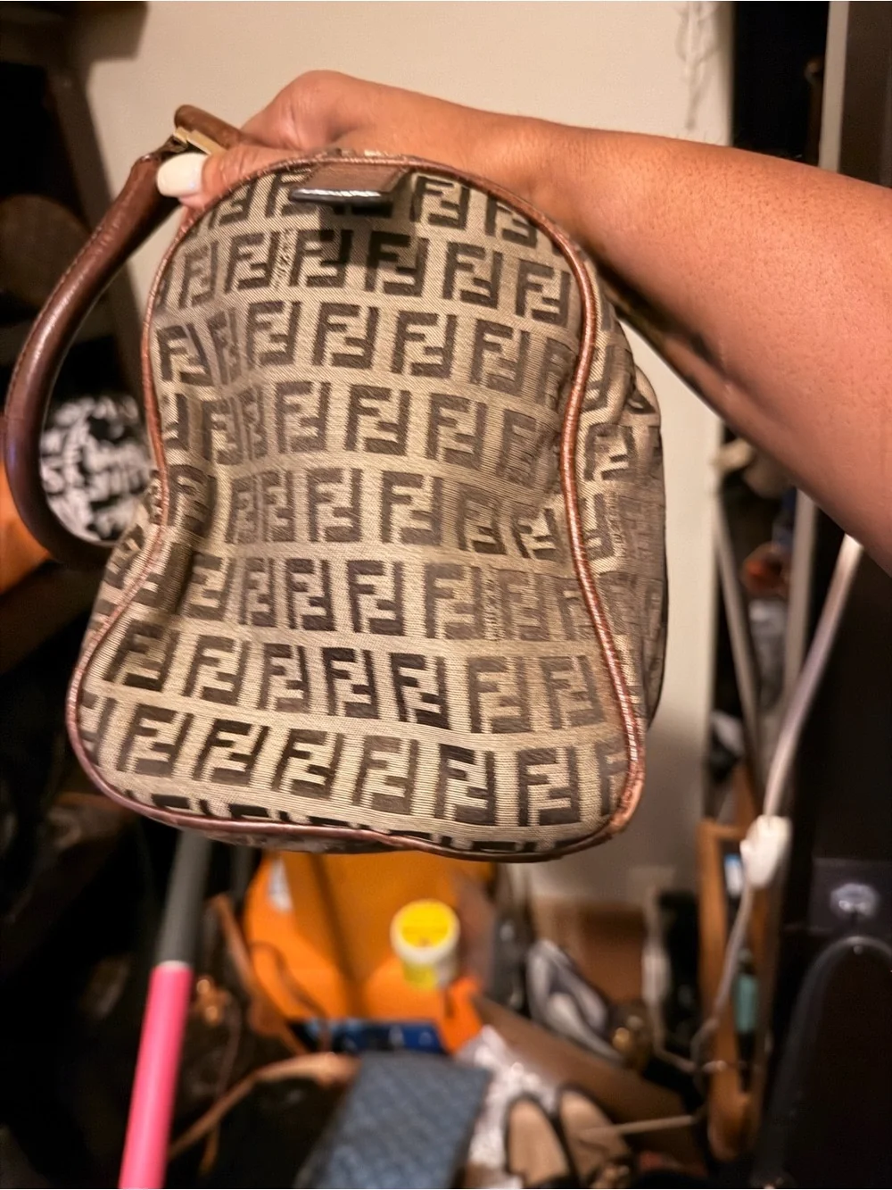 Fendi Brown Zucca Canvas Satchel with Dark Brown Leather Trim